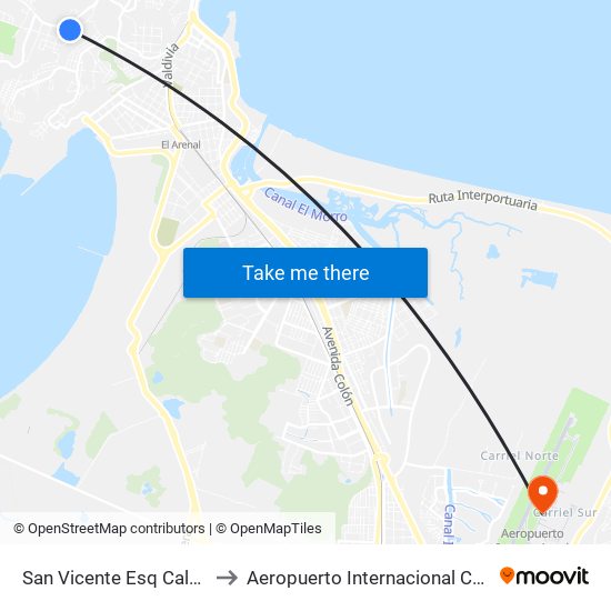 San Vicente Esq Caleta Coliumo to Aeropuerto Internacional Carriel Sur - CCP map