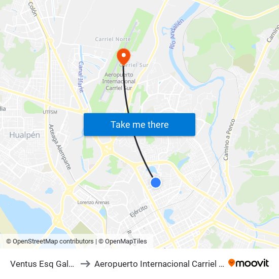 Ventus Esq Galvarino to Aeropuerto Internacional Carriel Sur - CCP map