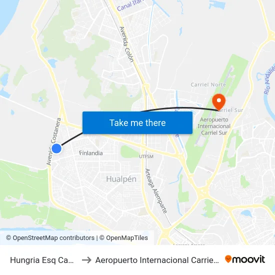 Hungria Esq Camberra to Aeropuerto Internacional Carriel Sur - CCP map