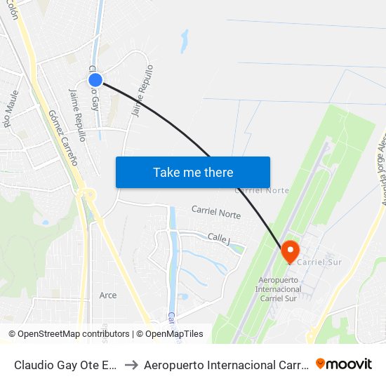 Claudio Gay Ote Esq Luma to Aeropuerto Internacional Carriel Sur - CCP map