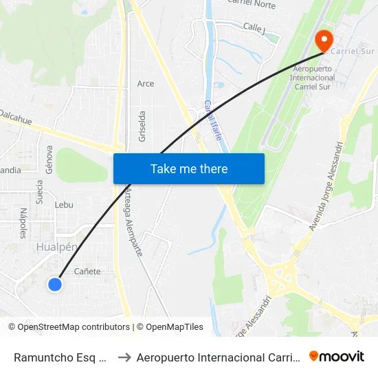 Ramuntcho Esq Quirihue to Aeropuerto Internacional Carriel Sur - CCP map