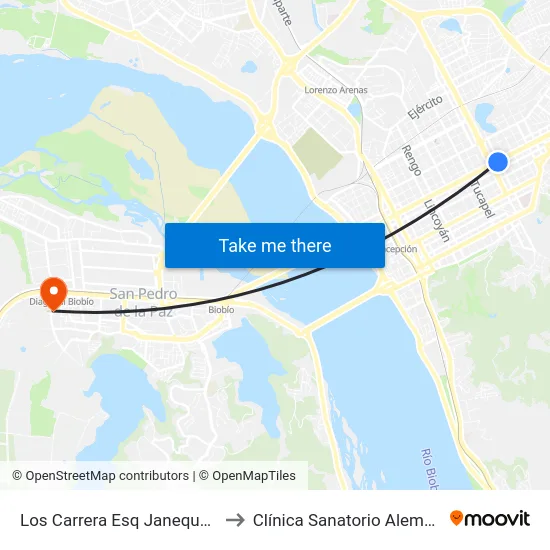 Los Carrera Esq Janequeo to Clínica Sanatorio Alemán map