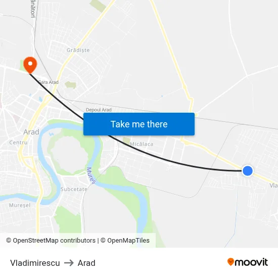 Vladimirescu to Arad map