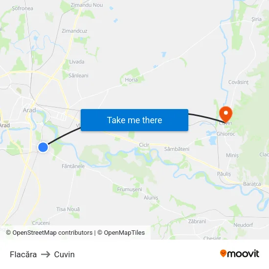 Flacăra to Cuvin map