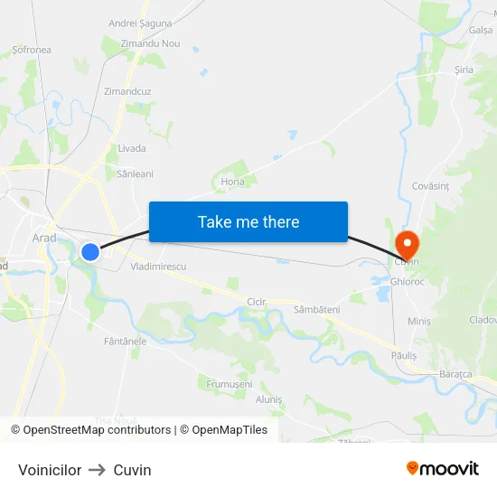 Voinicilor to Cuvin map