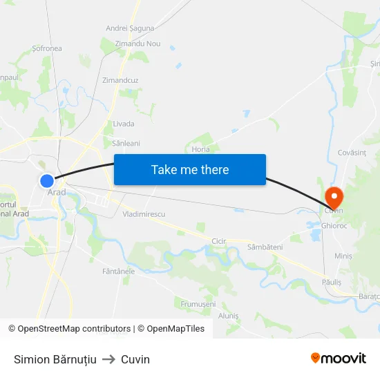 Simion Bărnuțiu to Cuvin map