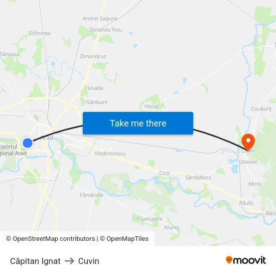 Căpitan Ignat to Cuvin map