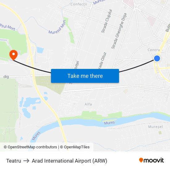 Teatru to Arad International Airport (ARW) map