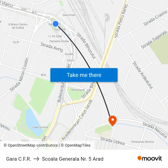 Gara C.F.R. to Scoala Generala Nr. 5 Arad map