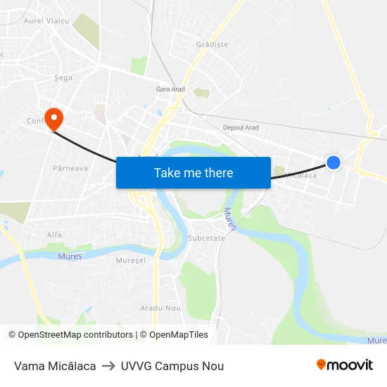 Vama Micălaca to UVVG Campus Nou map