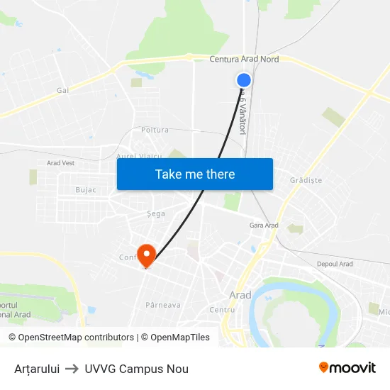 Arțarului to UVVG Campus Nou map