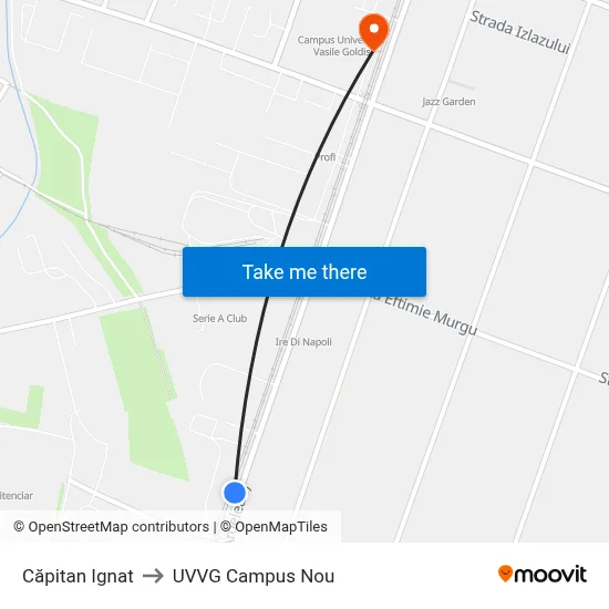 Căpitan Ignat to UVVG Campus Nou map