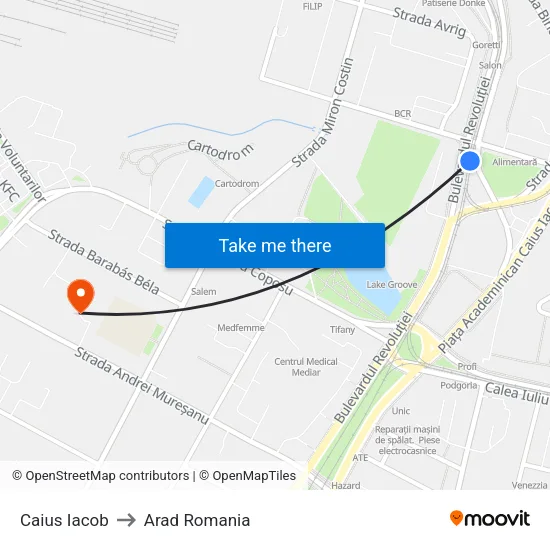 Caius Iacob to Arad Romania map
