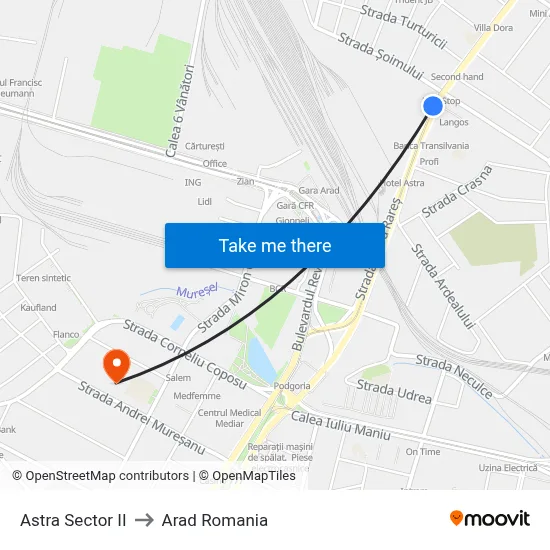 Astra Sector II to Arad Romania map