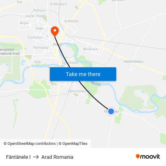 Fântânele I to Arad Romania map