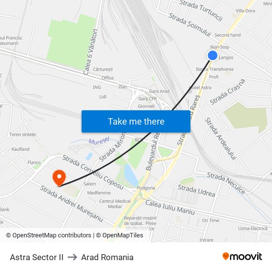 Astra Sector II to Arad Romania map