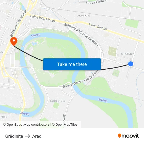 Grădinița to Arad map