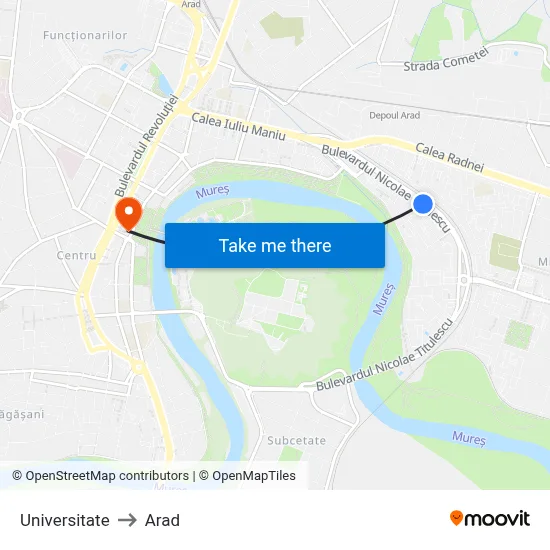 Universitate to Arad map