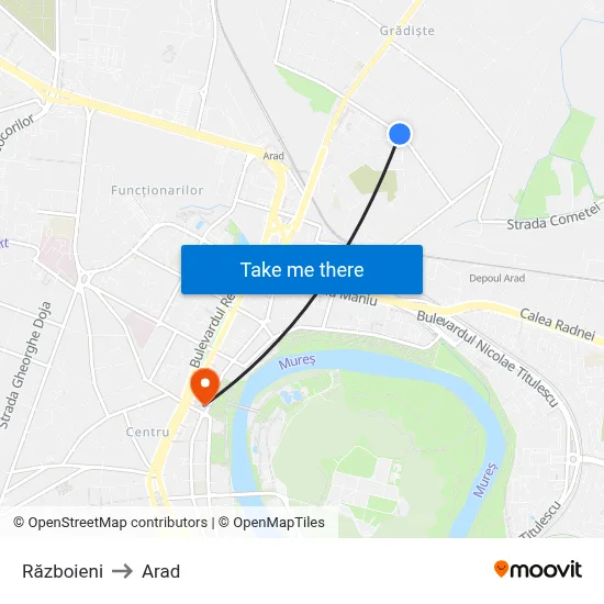 Războieni to Arad map
