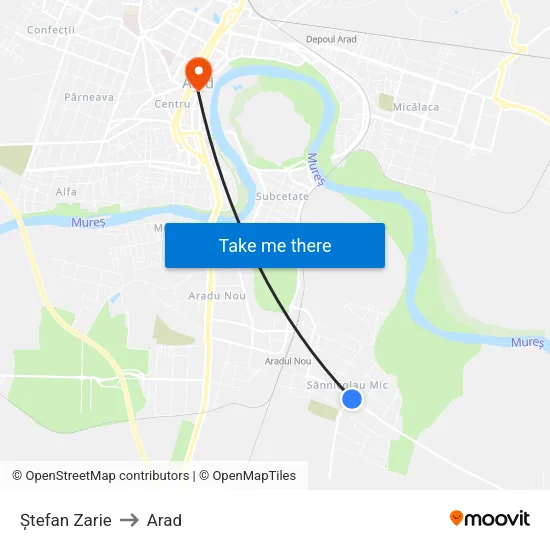 Ștefan Zarie to Arad map