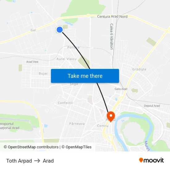 Toth Arpad to Arad map