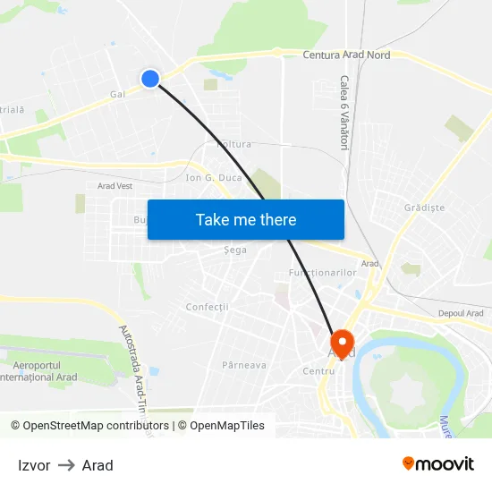 Izvor to Arad map