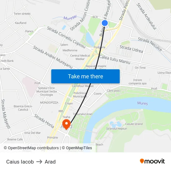 Caius Iacob to Arad map