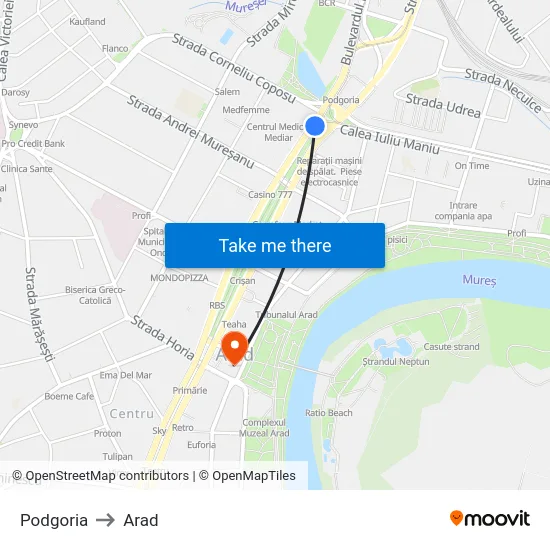 Podgoria to Arad map