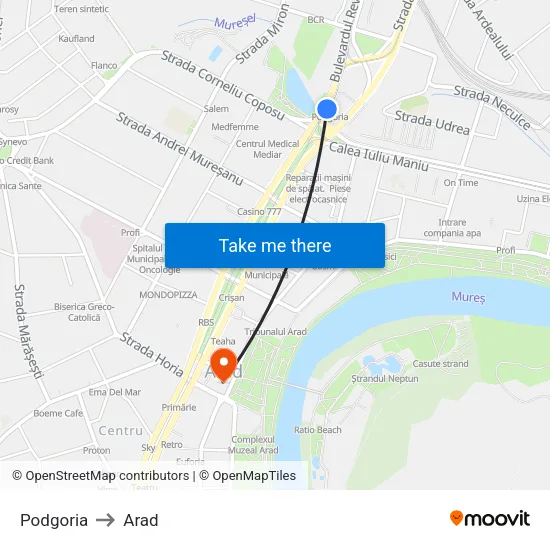 Podgoria to Arad map