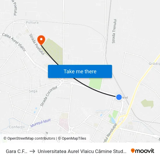 Gara C.F.R. to Universitatea Aurel Vlaicu Cămine Studențești map