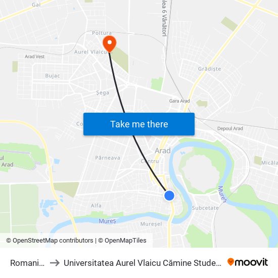 Romanilor to Universitatea Aurel Vlaicu Cămine Studențești map