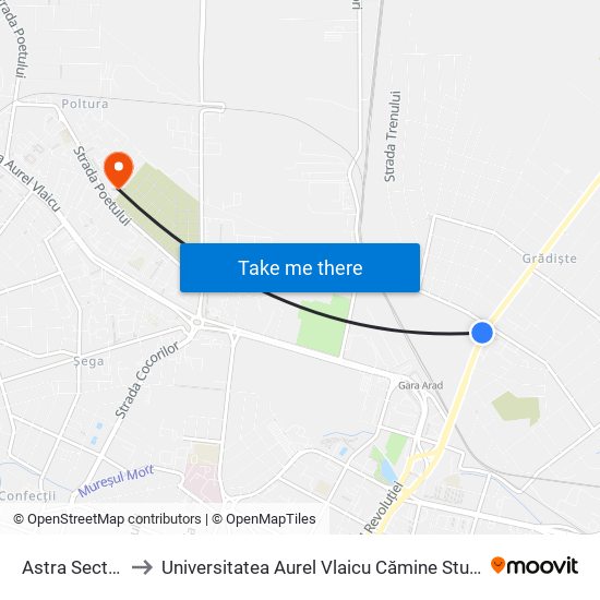 Astra Sector II to Universitatea Aurel Vlaicu Cămine Studențești map