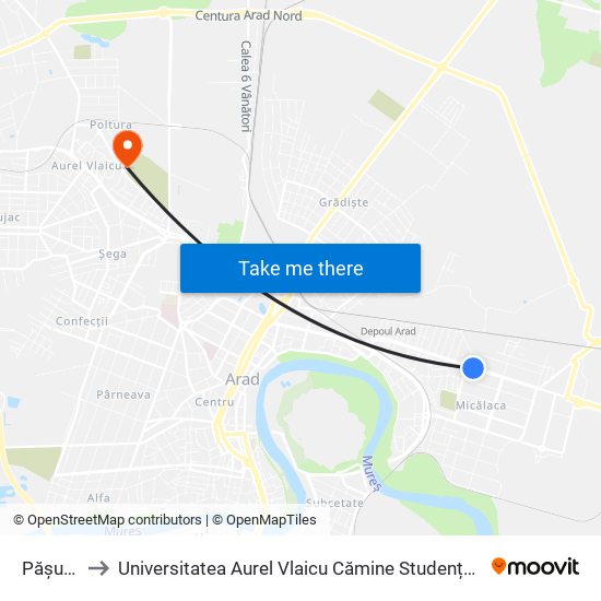 Pășunii to Universitatea Aurel Vlaicu Cămine Studențești map