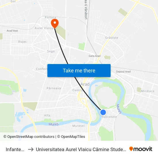 Infanteriei to Universitatea Aurel Vlaicu Cămine Studențești map