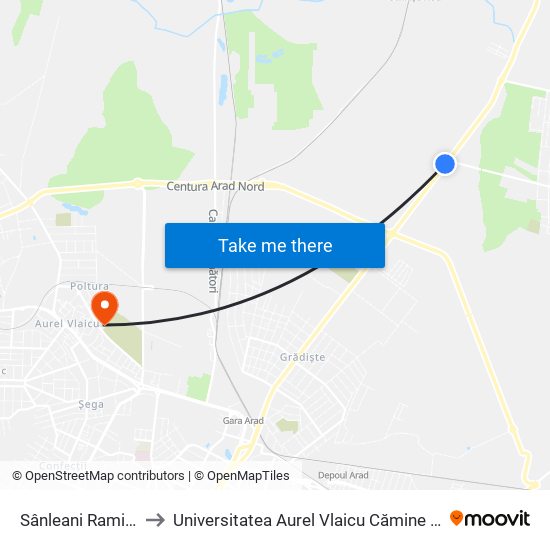 Sânleani Ramificație to Universitatea Aurel Vlaicu Cămine Studențești map