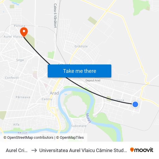 Aurel Crișan to Universitatea Aurel Vlaicu Cămine Studențești map