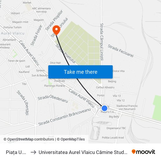 Piața U.T.A. to Universitatea Aurel Vlaicu Cămine Studențești map