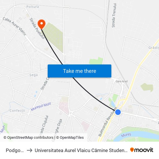 Podgoria to Universitatea Aurel Vlaicu Cămine Studențești map