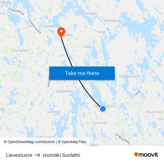 Lievestuore to Isomäki Suolahti map