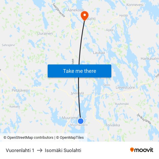 Vuorenlahti 1 to Isomäki Suolahti map