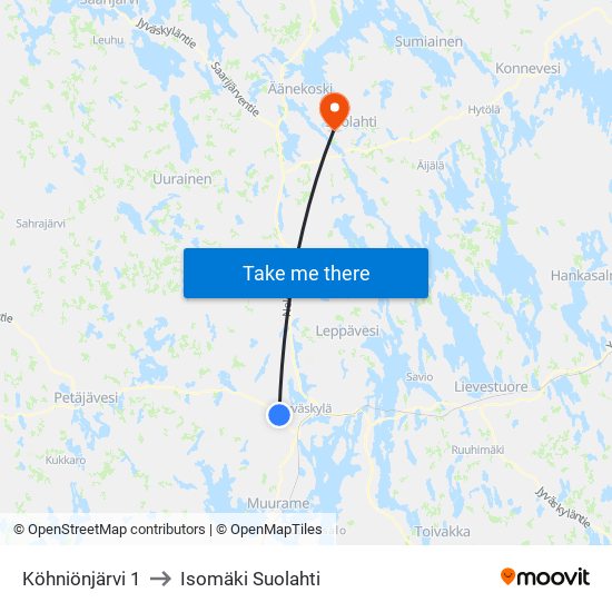 Köhniönjärvi 1 to Isomäki Suolahti map