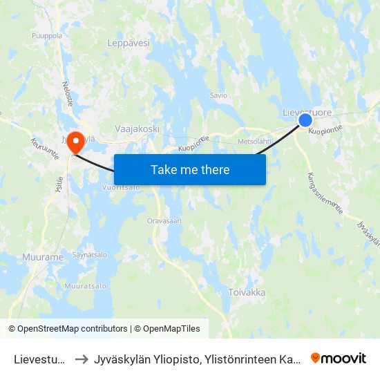 Lievestuore to Jyväskylän Yliopisto, Ylistönrinteen Kampus map