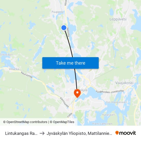 Lintukangas Ramppi P to Jyväskylän Yliopisto, Mattilanniemen Kampus map