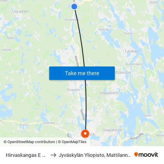 Hirvaskangas E Äänekoski to Jyväskylän Yliopisto, Mattilanniemen Kampus map