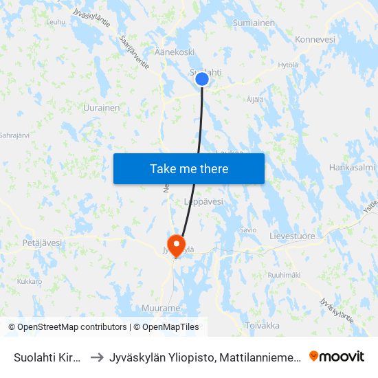 Suolahti Kirkko L to Jyväskylän Yliopisto, Mattilanniemen Kampus map