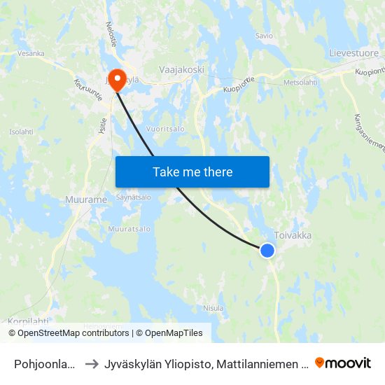 Pohjoonlahti P to Jyväskylän Yliopisto, Mattilanniemen Kampus map