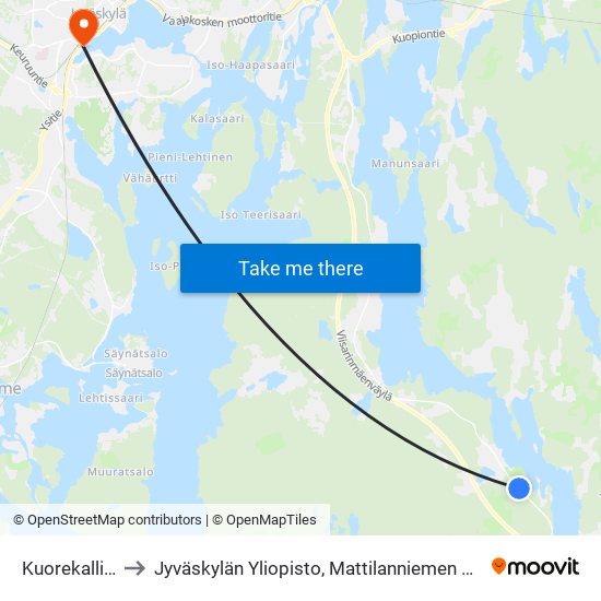 Kuorekallio E to Jyväskylän Yliopisto, Mattilanniemen Kampus map