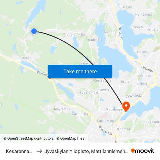 Kesärannantie I to Jyväskylän Yliopisto, Mattilanniemen Kampus map