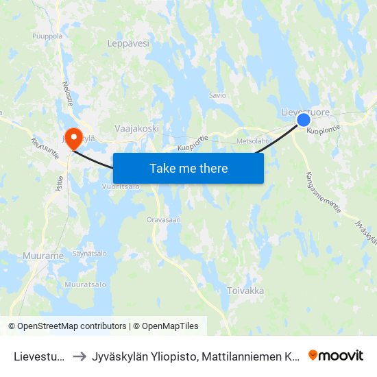 Lievestuore to Jyväskylän Yliopisto, Mattilanniemen Kampus map