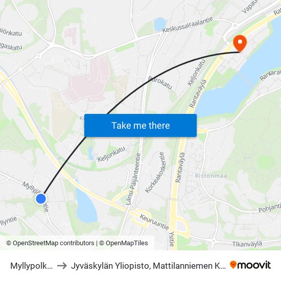 Myllypolku 1 to Jyväskylän Yliopisto, Mattilanniemen Kampus map